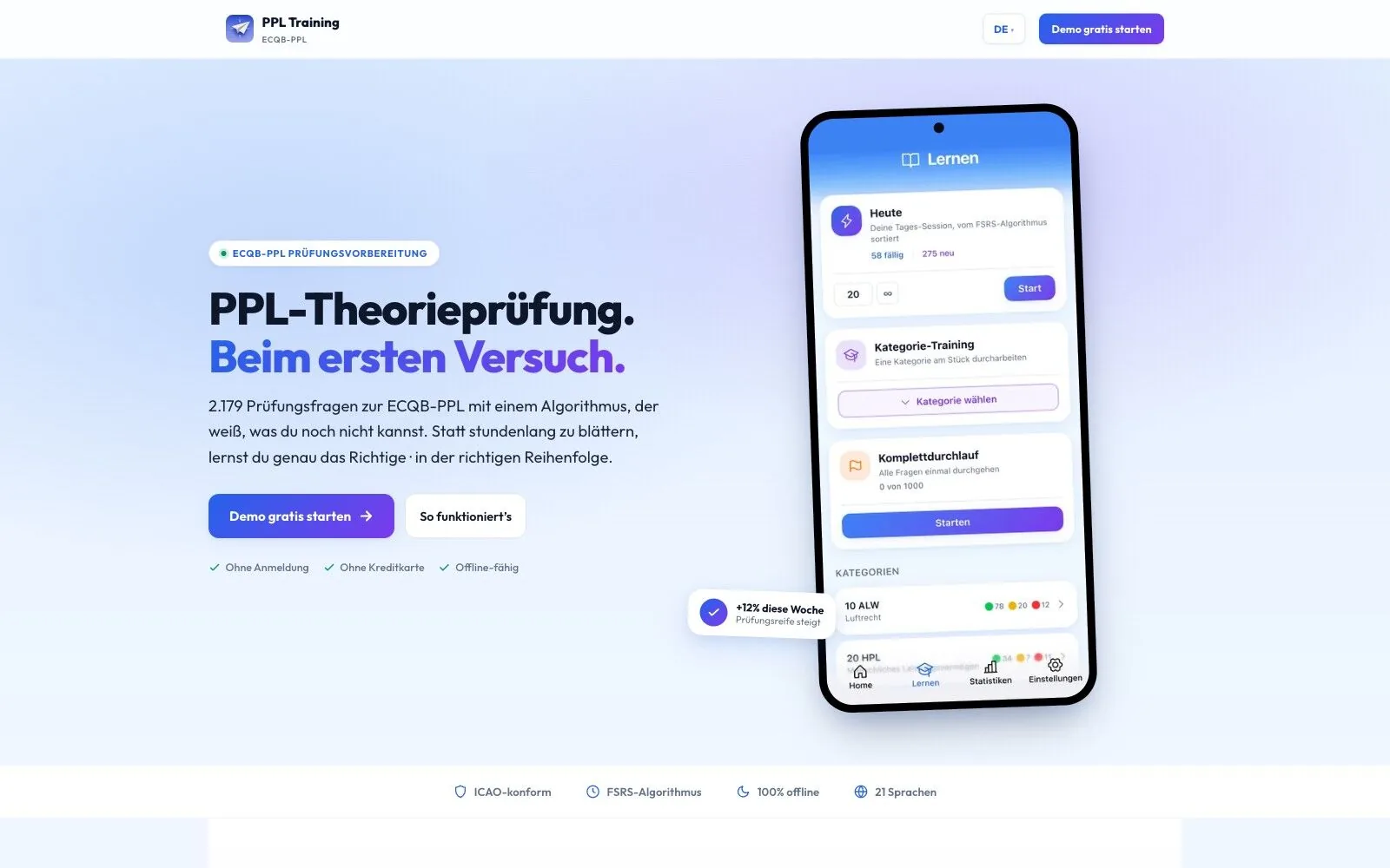 PPL Training - Theorie-Trainer mit über 2.000 ECQB-Fragen in über 25 Sprachen